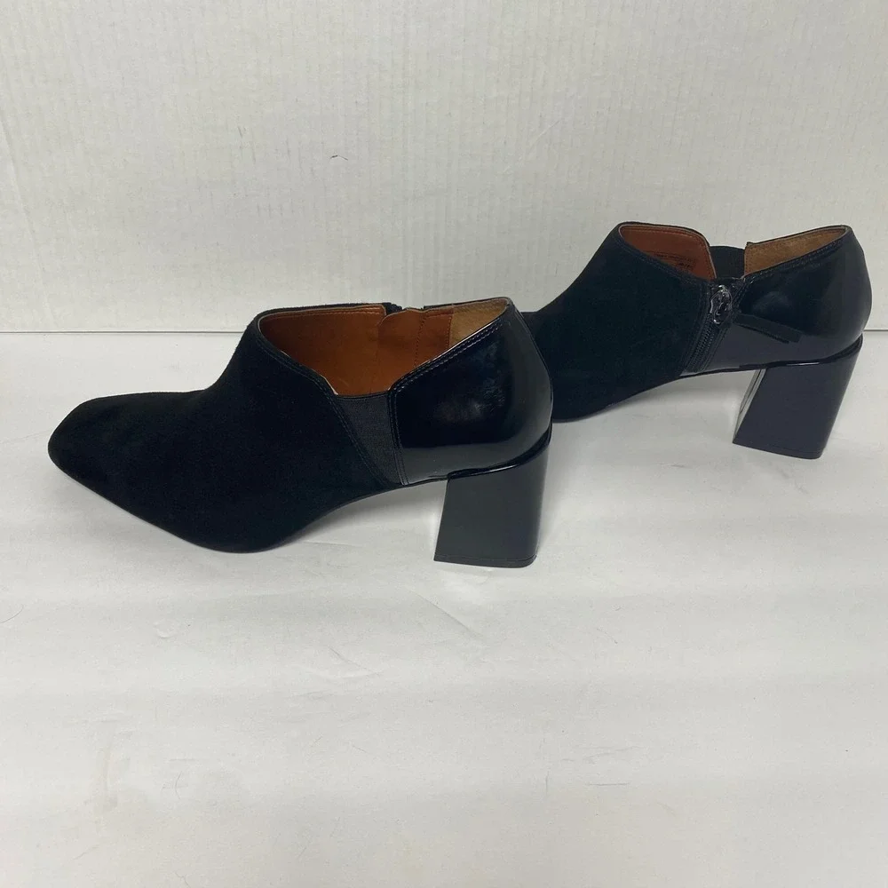 Vionic Black Suede & Patent Leather Block Heel Ankle Booties Womens 7.5‎ Squared
